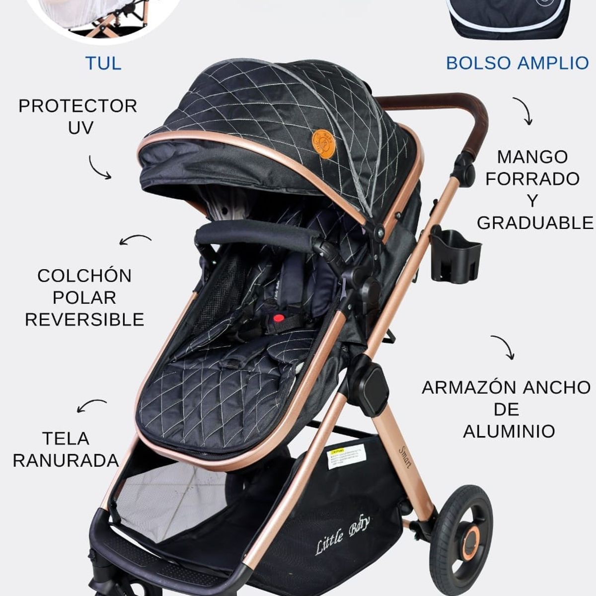 BABY - Coche para Bebe Moises con Tela Ranurada Gray Black