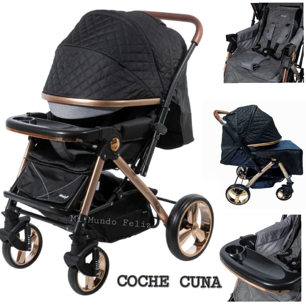 EBABY - COCHE DE BEBE CON BANDEJA Y MANGO REVERSIBLE GOLD