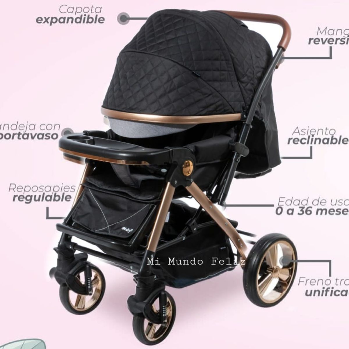 EBABY - COCHE DE BEBE CON BANDEJA Y MANGO REVERSIBLE GOLD