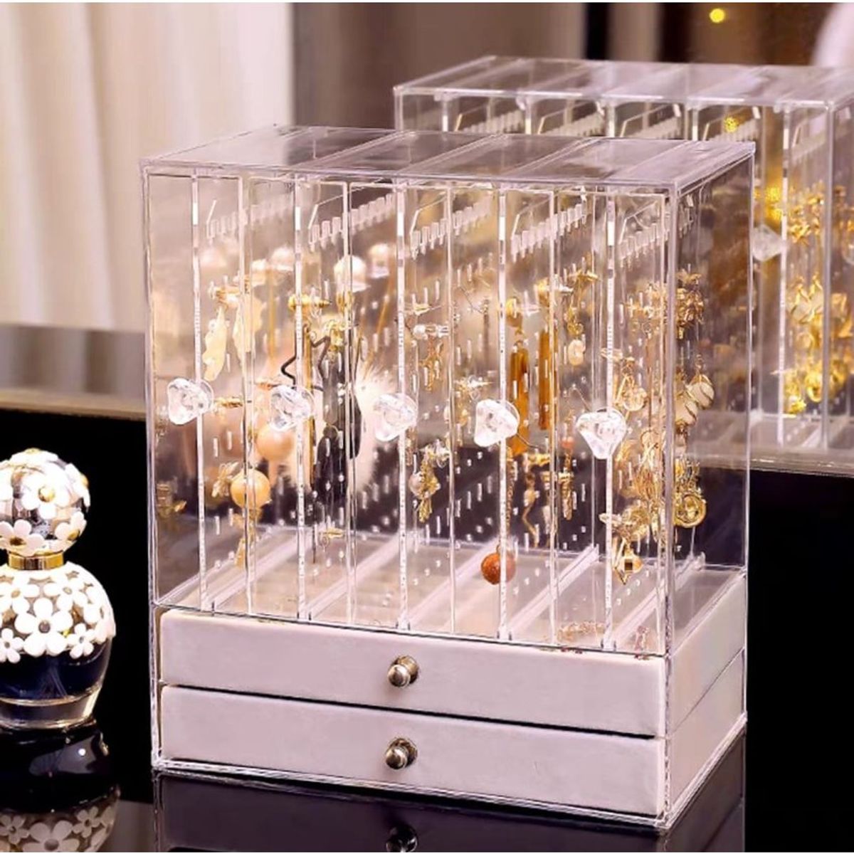 GENERICO - Joyero exhibidor para aretes collares anillos con divisiones gris