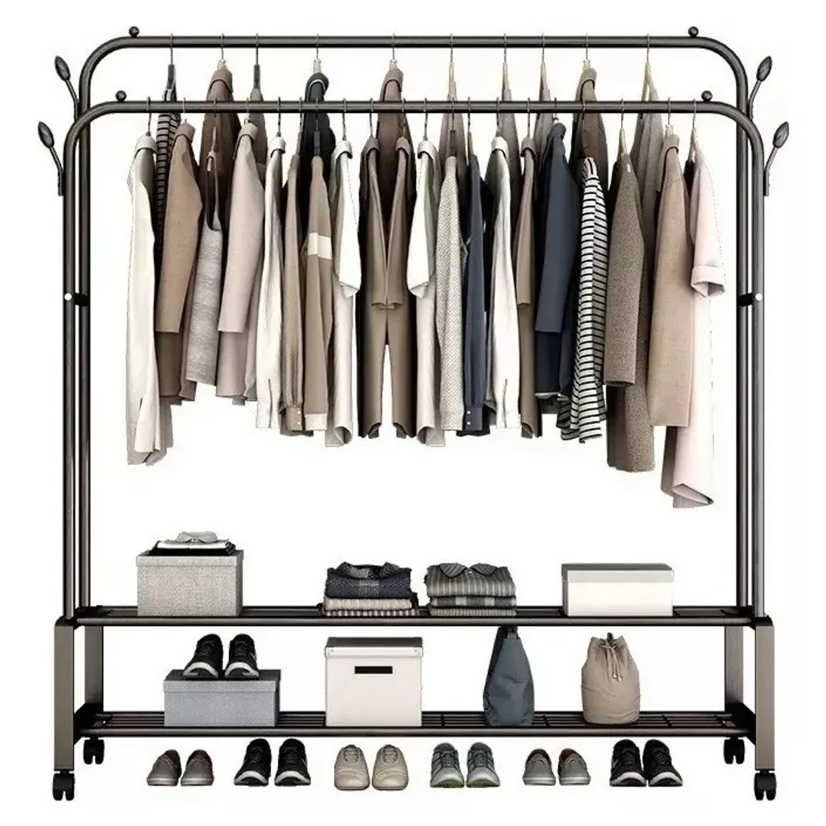 GENERICO - Carril De Ropa Doble con Estantes De 2 Niveles Perchero PREMIUM