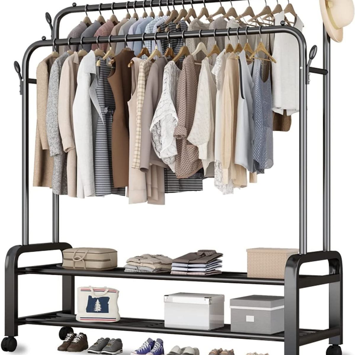 GENERICO - Organizador Ropa Doble con Estantes De 2 Niveles con Ruedas PREMIUM