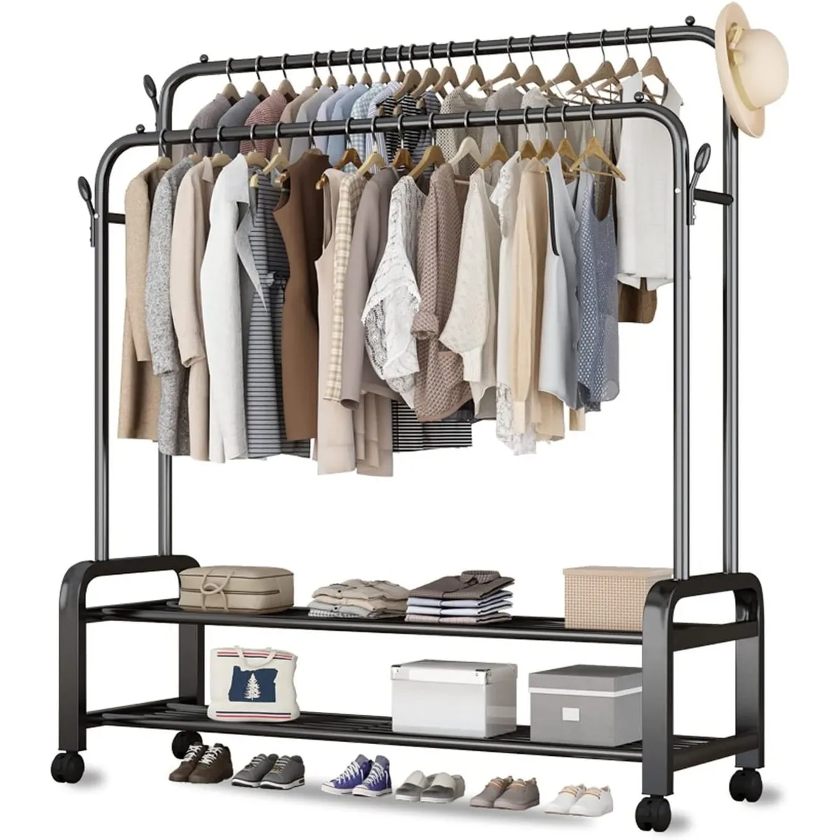 GENERICO - Organizador Ropa Doble con Estantes De 2 Niveles con Ruedas PREMIUM