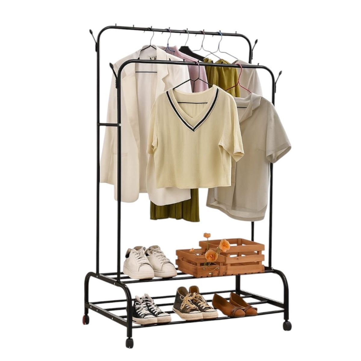 GENERICO - Organizador De Ropa Doble con Estantes De 2 Niveles con Ruedas PREMIUM