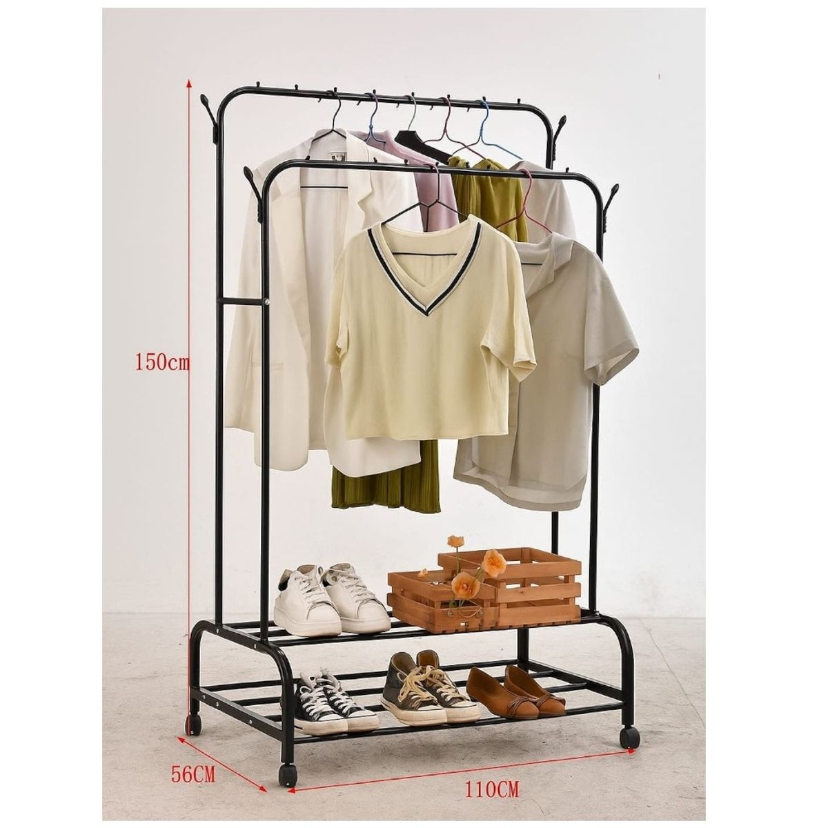 GENERICO - Organizador De Ropa Doble con Estantes De 2 Niveles con Ruedas PREMIUM