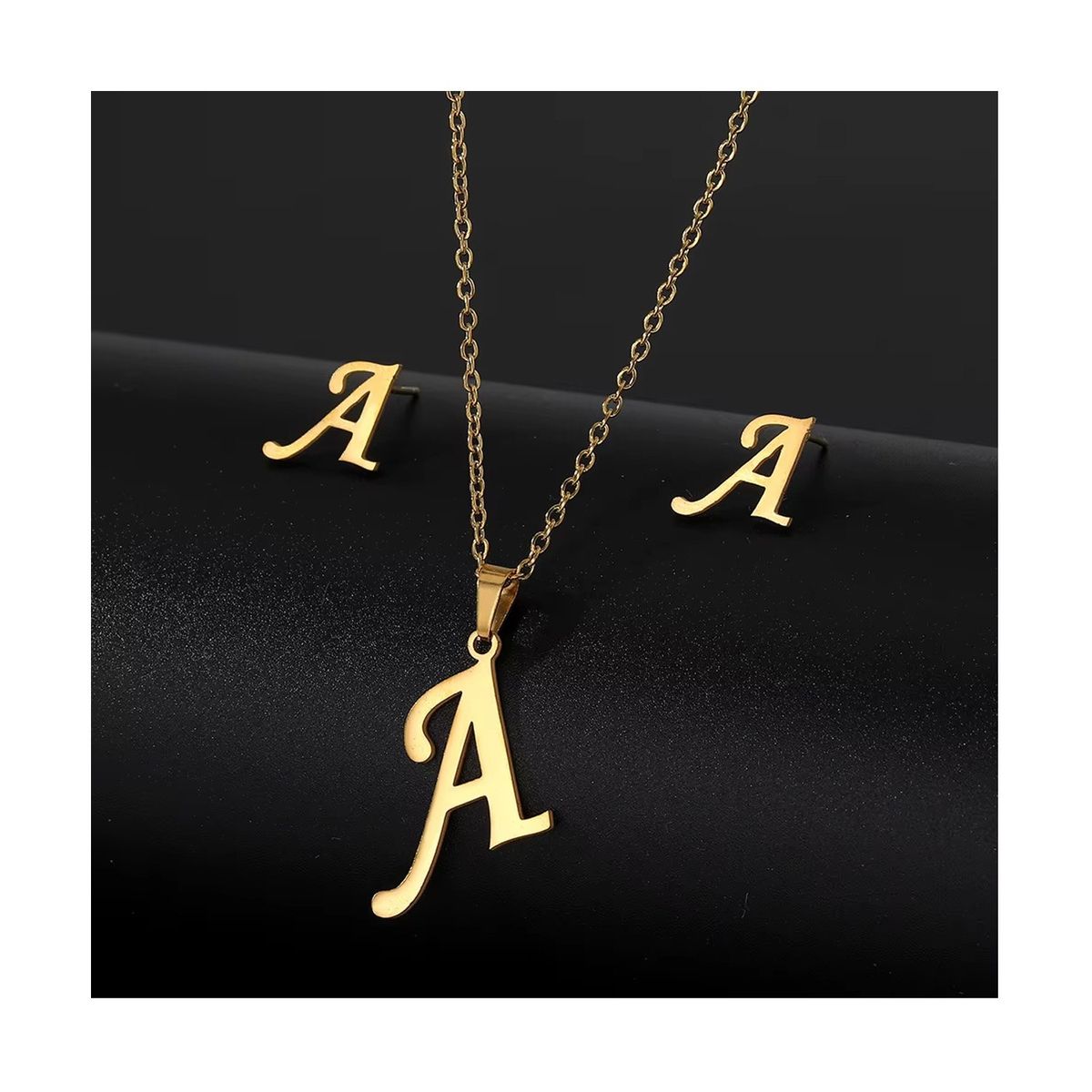 SIFRAH SHOP - Collar y Aretes de Acero Dorado Dije Letra Inicial A Con Caja