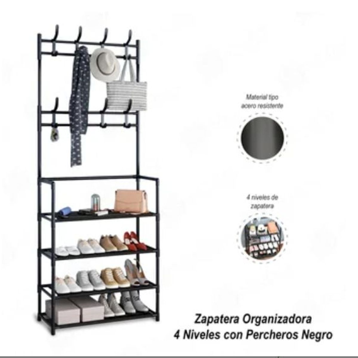 GENERICO - Zapatera organizadora 4 niveles con percheros negro