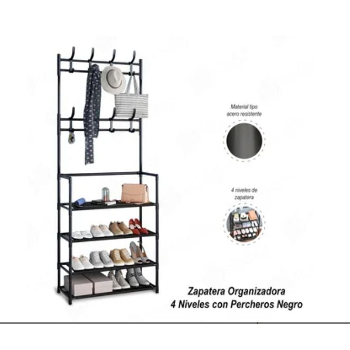 GENERICO - Zapatera organizadora 4 niveles con percheros negro