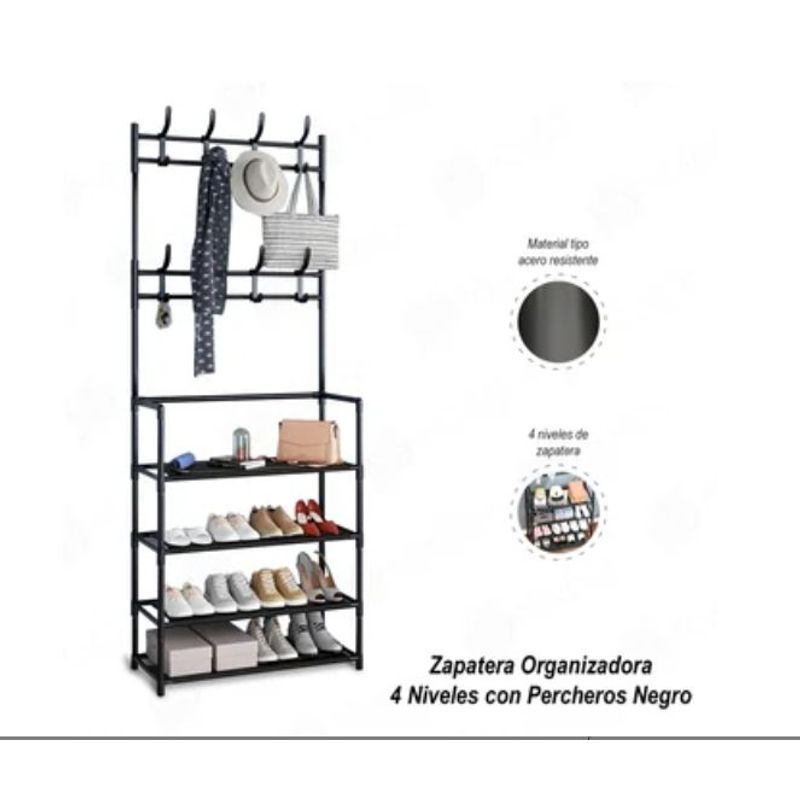 GENERICO - Zapatera organizadora 4 niveles con percheros negro