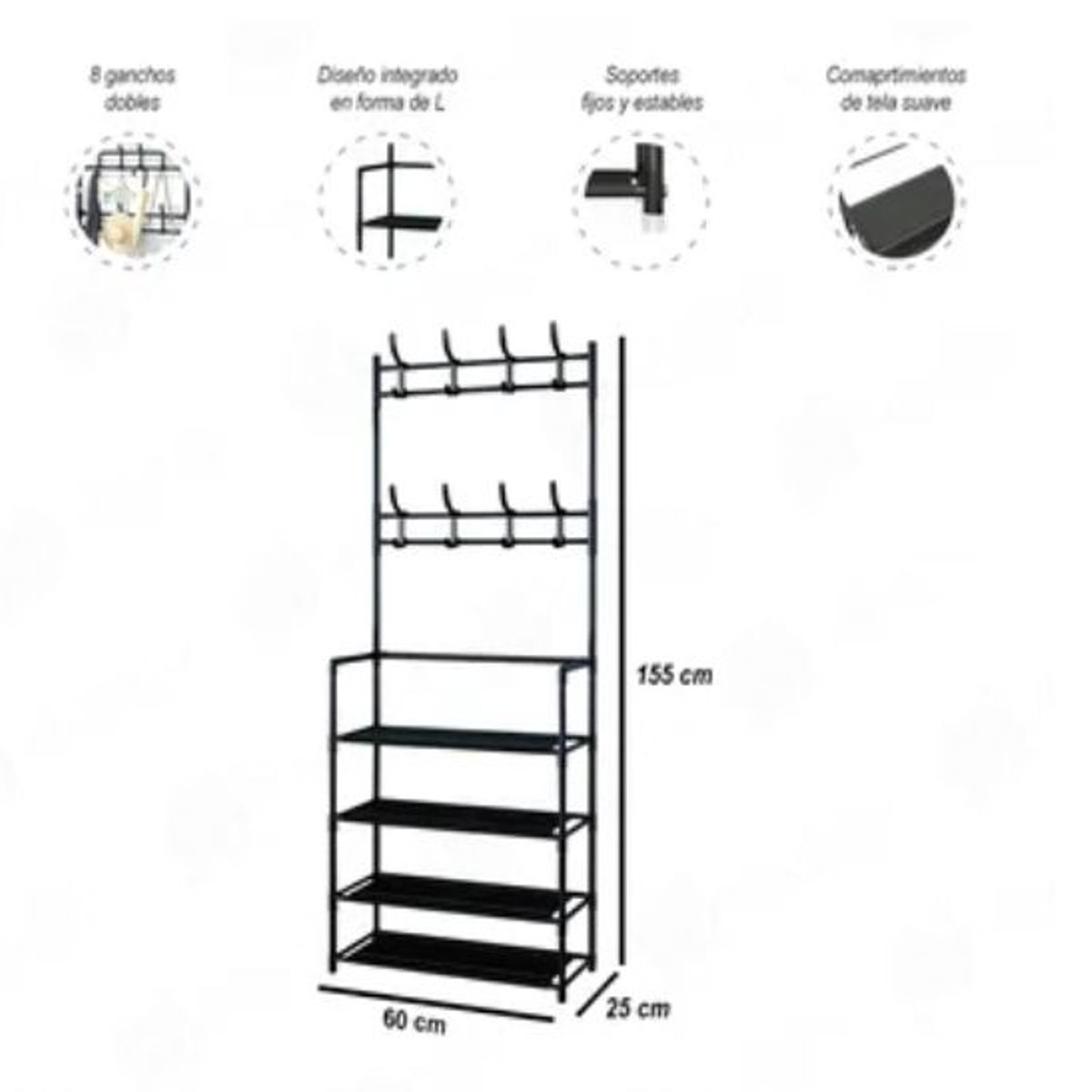 GENERICO - Zapatera organizadora 4 niveles con percheros negro