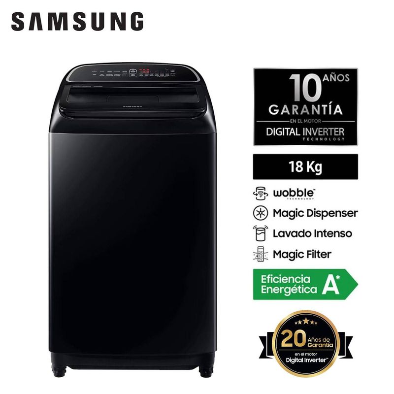 SAMSUNG - Lavadora Samsung 18Kg WA18T6260BV Eco Digital Wooble Inverter Negro