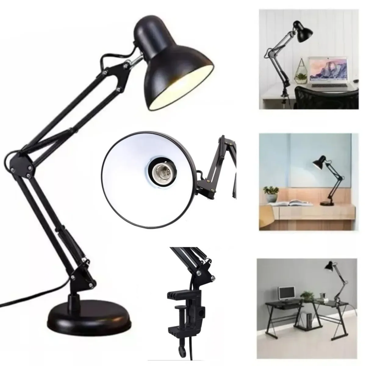 SEISA - Lampara de mesa 2 en 1 metálica con brazo flexible graduable E27