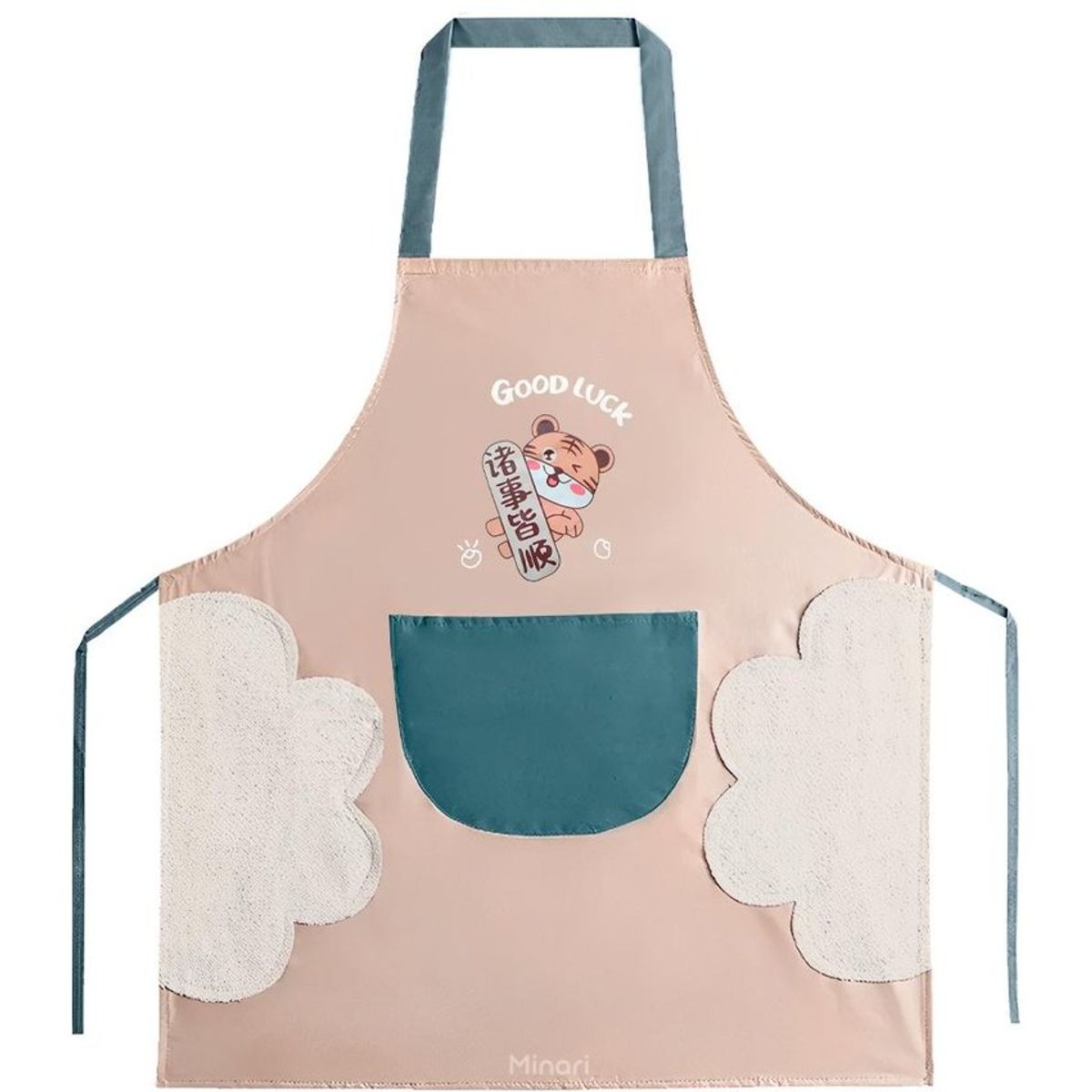 MINARI - Mandil delantal de cocina impermeable con secador bolsillo beige tigre
