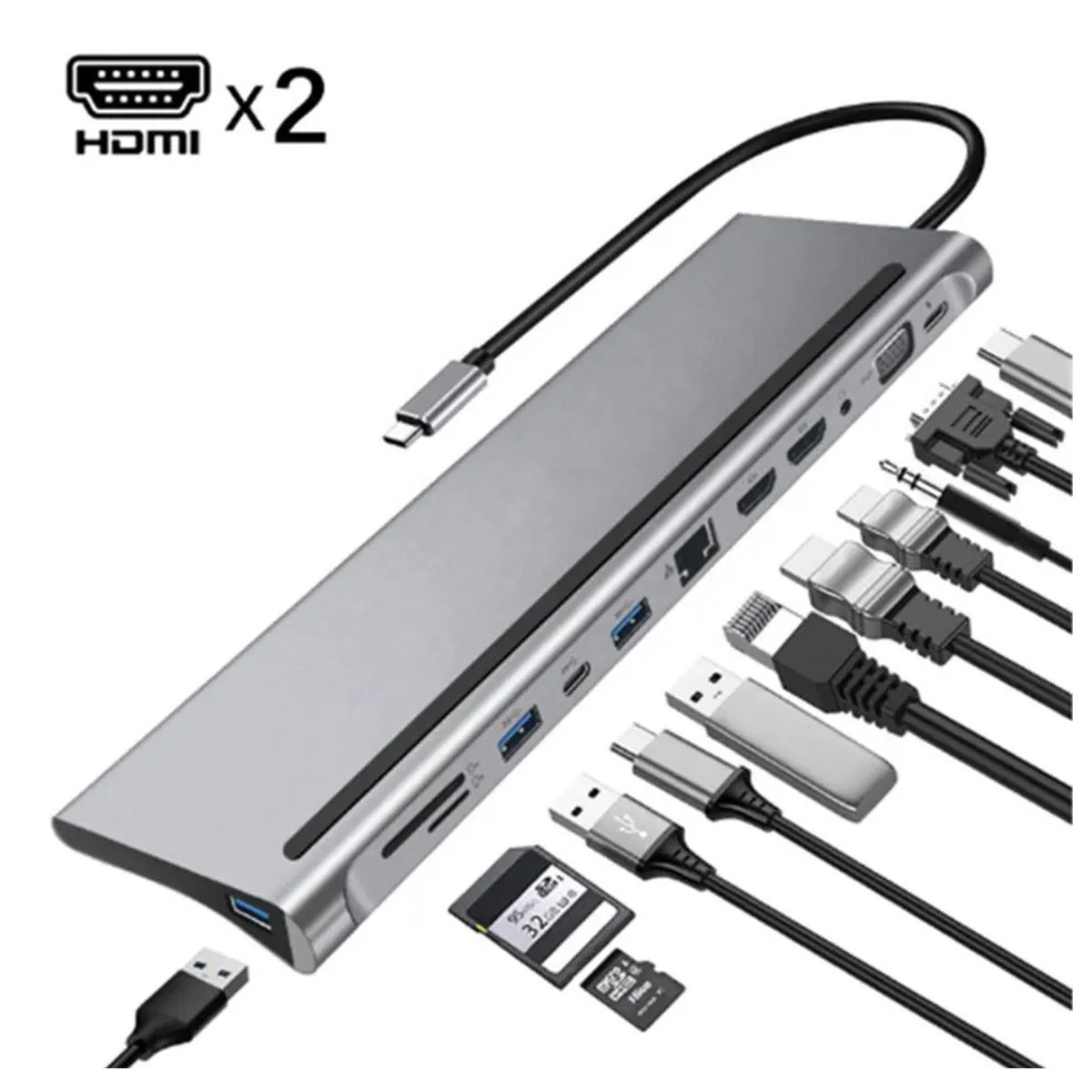 OEM - Hub Estacion Adaptador Tipo C 12 en 1 Multiport Hdmi Vga - Aluminio