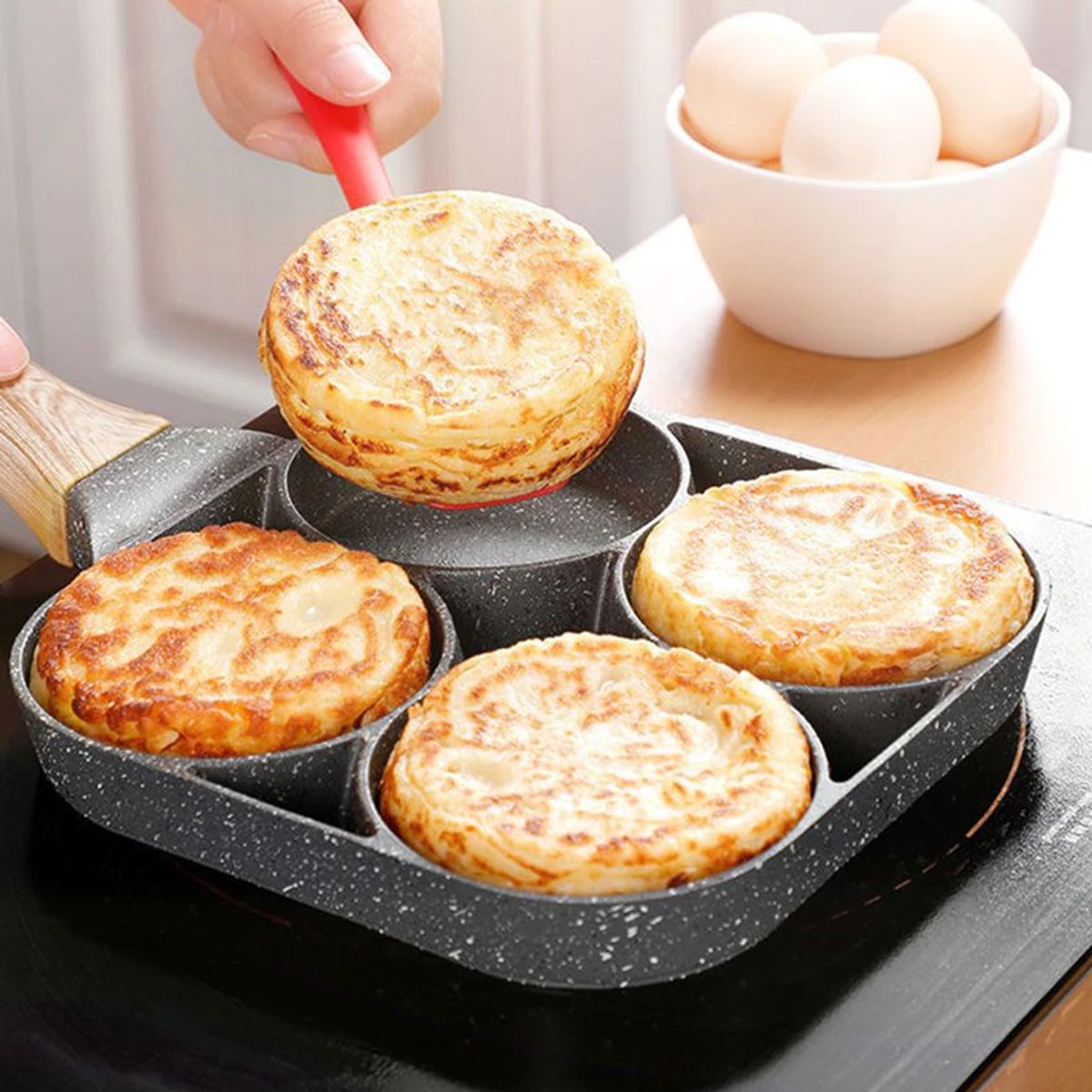 GENERICO - Sartén antiadherente premium de cuatro compartimientos mango de madera