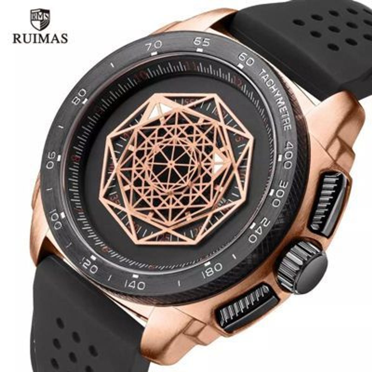 RUIMAS - Reloj Ruimas Acero Oro Rosa Negro y Silicona Negro RUI-28