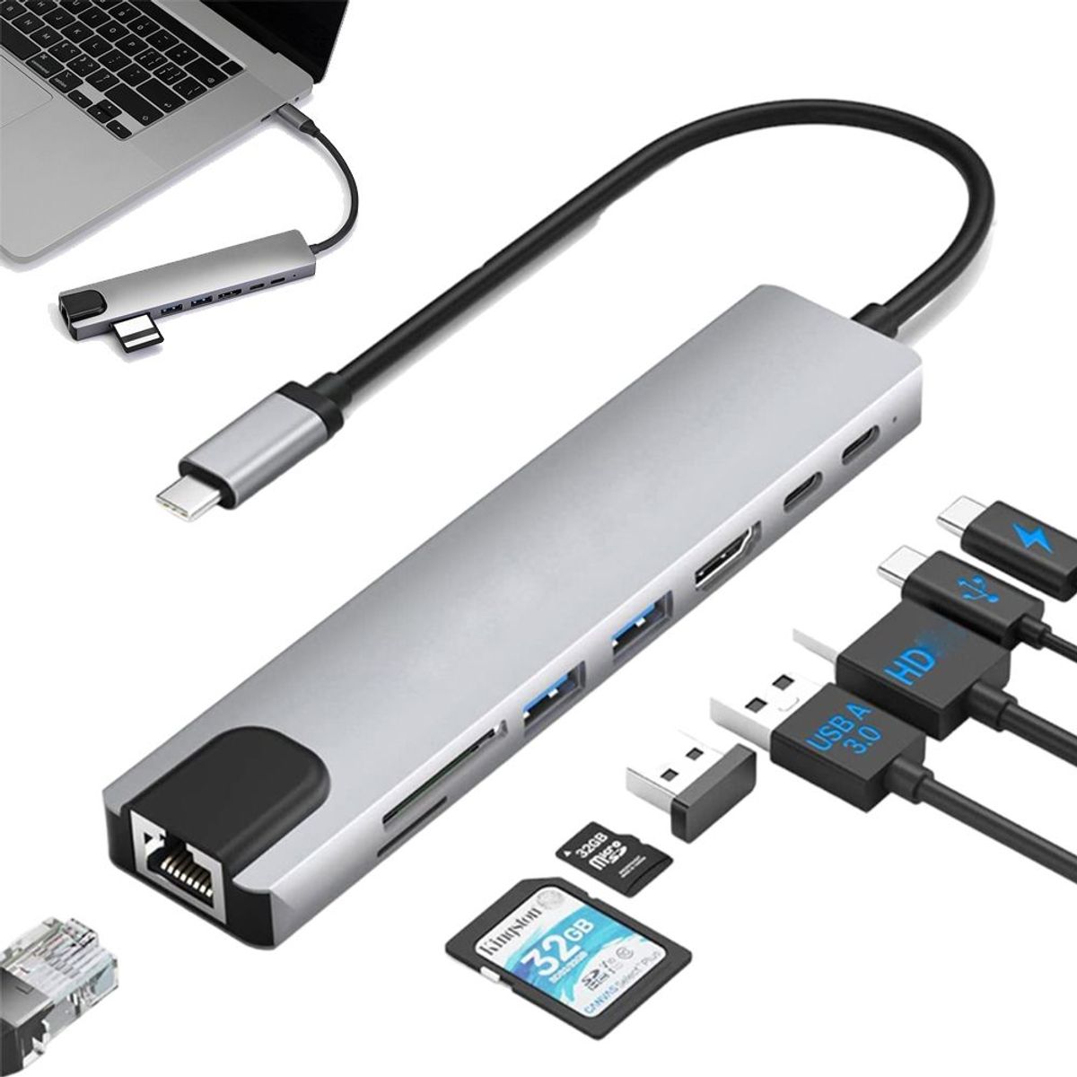 GENERICO - Adaptador Tipo C A Hmdi 4k Usb 3.0 Lan 8 En 1 Multipuerto SD TF