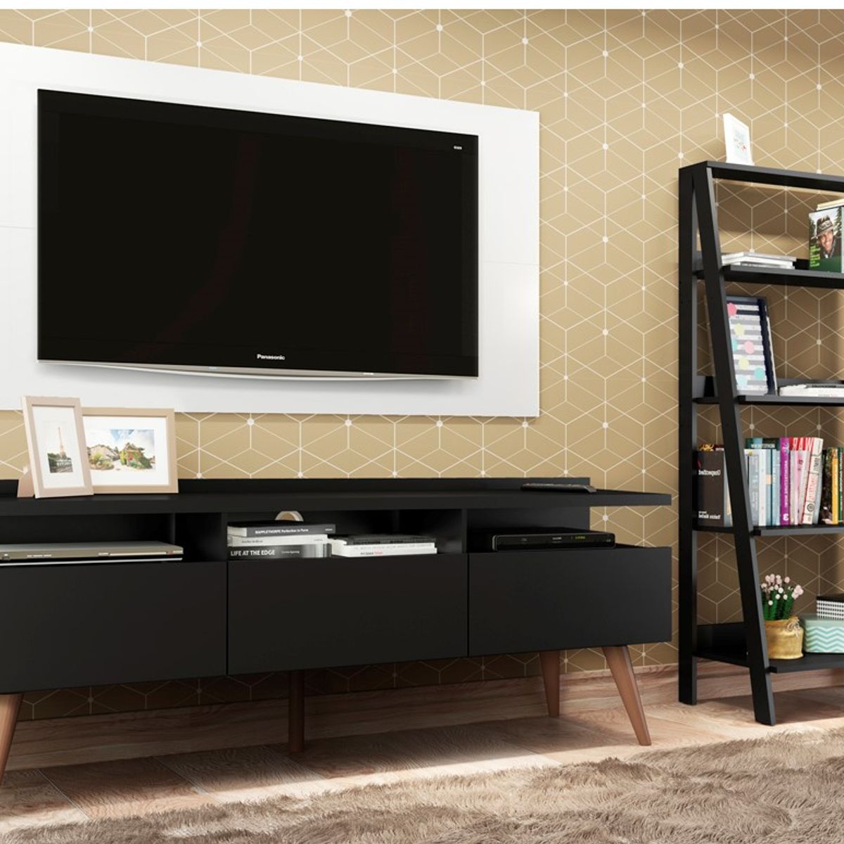 MADESA - Centro Entretenimiento para TV Londres Mesa y Panel + Estante Librero