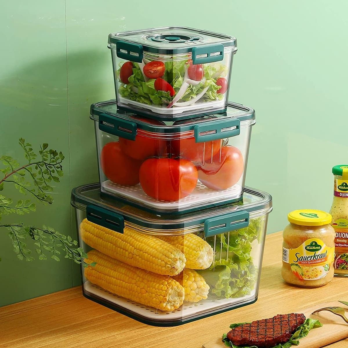 ELMEJORPRECIO - Set de 3 Tápers Herméticos con Escurridor Interno Ventilación Verde