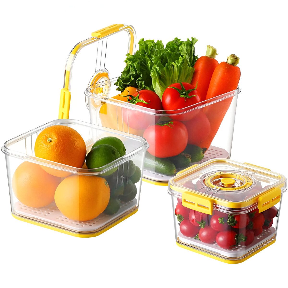 ELMEJORPRECIO - Set De 3 Tápers Herméticos Con Escurridor Interno Ventilación Amarillo