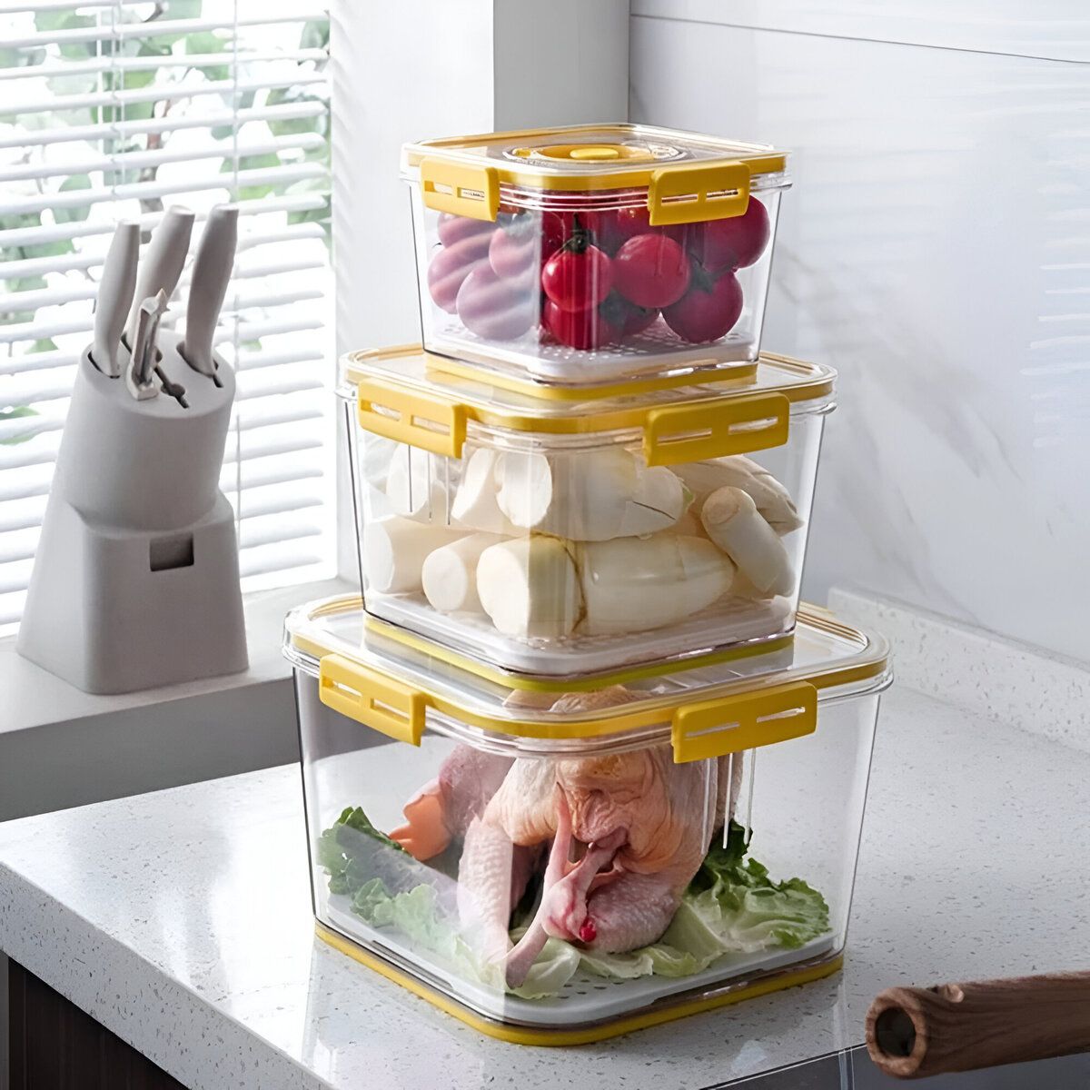 ELMEJORPRECIO - Set De 3 Tápers Herméticos Con Escurridor Interno Ventilación Amarillo