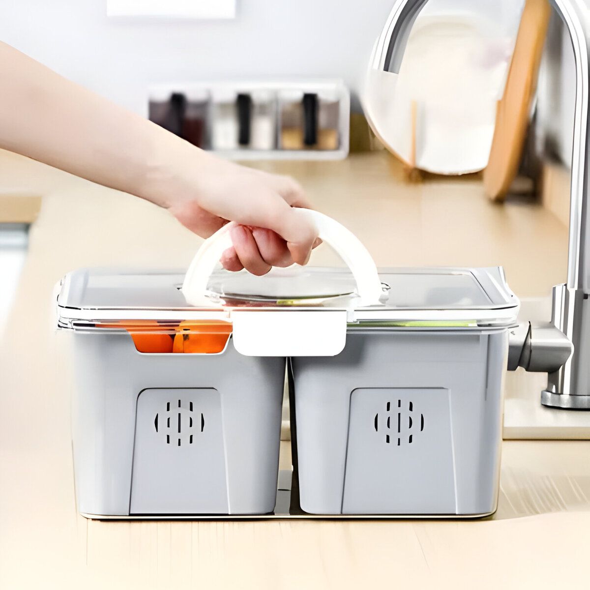 ELMEJORPRECIO - Táper Hermético de  4 Divisiones Escurridor Interno Gris