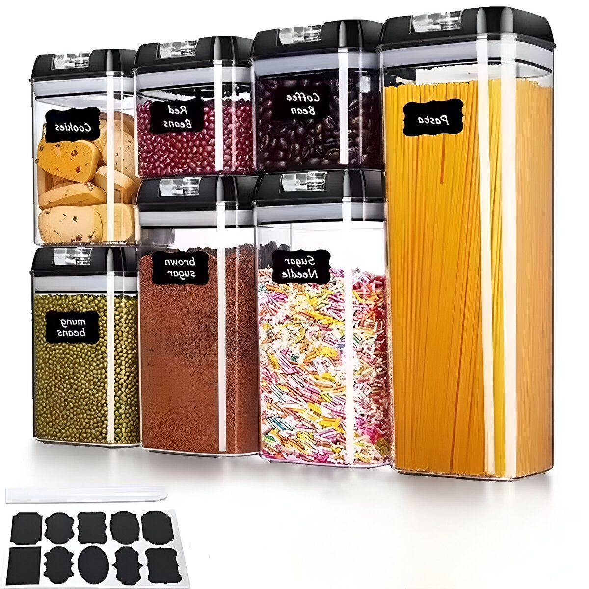 ELMEJORPRECIO - Juego De 7 Frascos Herméticos Con Tapa A Presión Apilables Negra