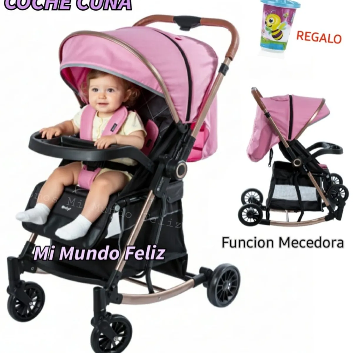 EBABY - Coche para Bebe Mecedora Reclinable Rosado con Cubrepies