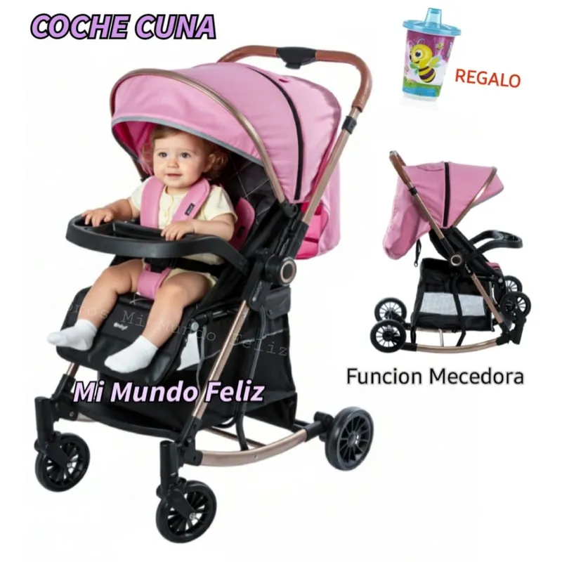 EBABY - Coche para Bebe Mecedora Reclinable Rosado con Cubrepies