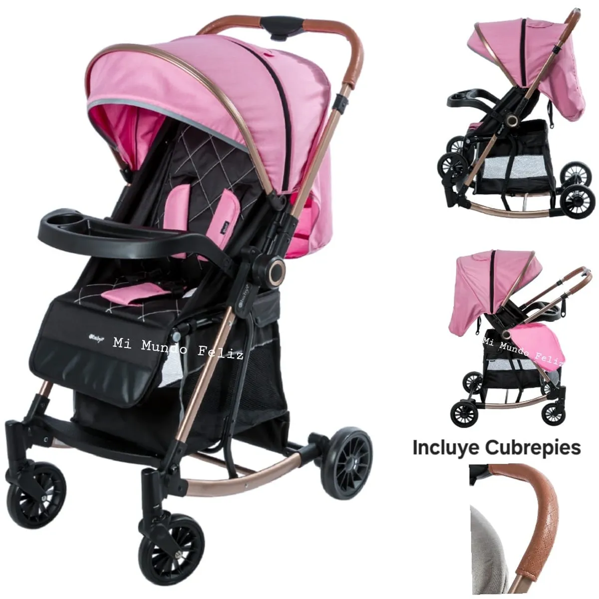 EBABY - Coche para Bebe Mecedora Reclinable Rosado con Cubrepies