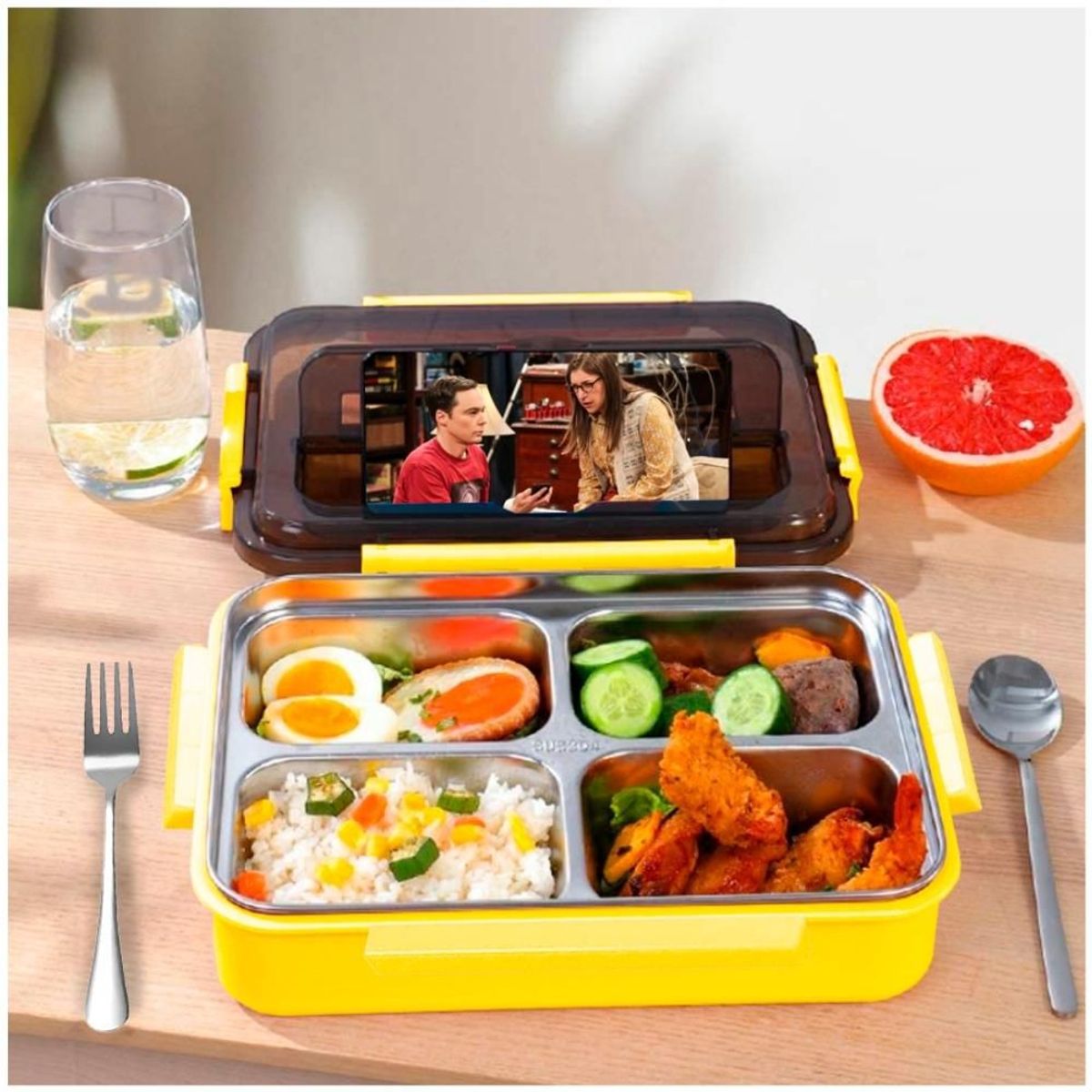 MINARI - Lonchera Táper de Comida 4 Divisiones Fiambrera + Cubiertos AM T345