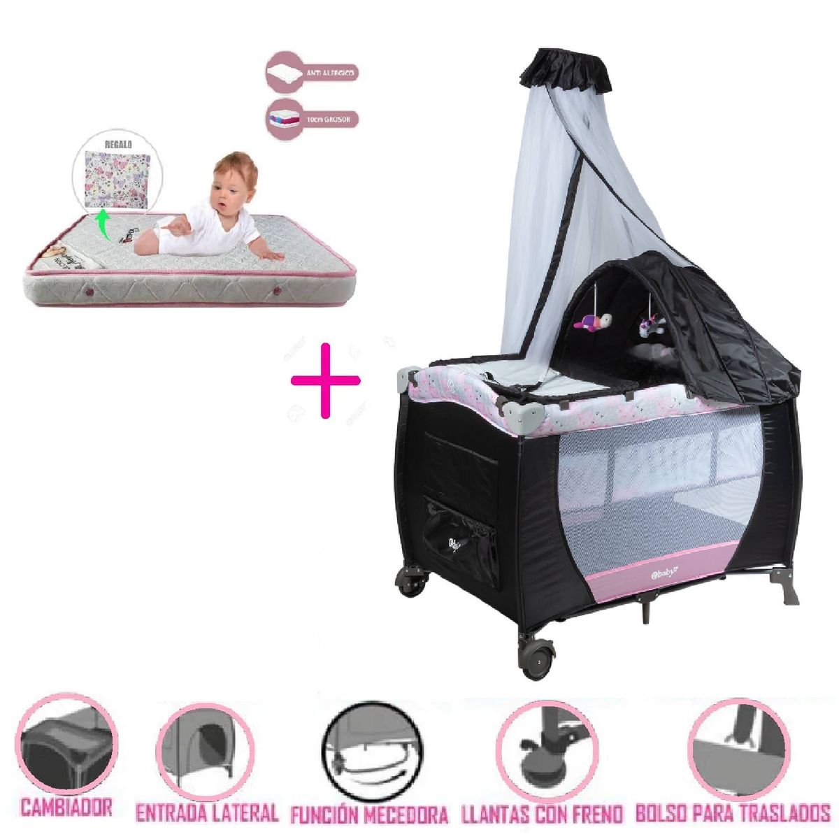 EBABY - Cuna corral Sally  + colchon Rosa - rosado
