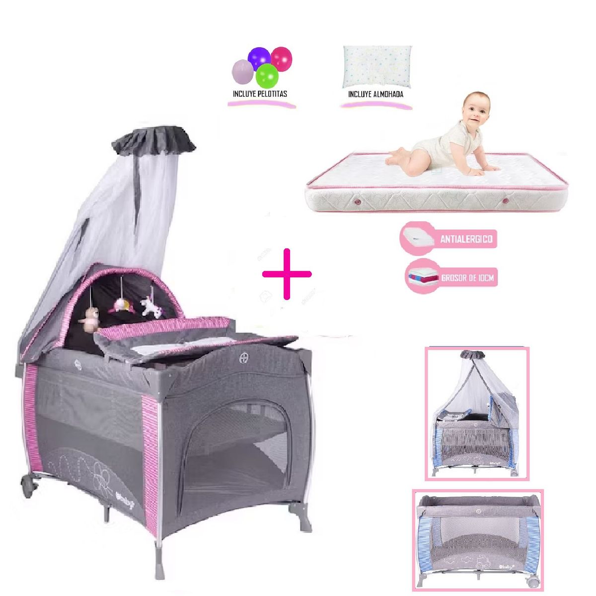 EBABY - Cuna colecho Noa + Colchon rosado -  Rosado