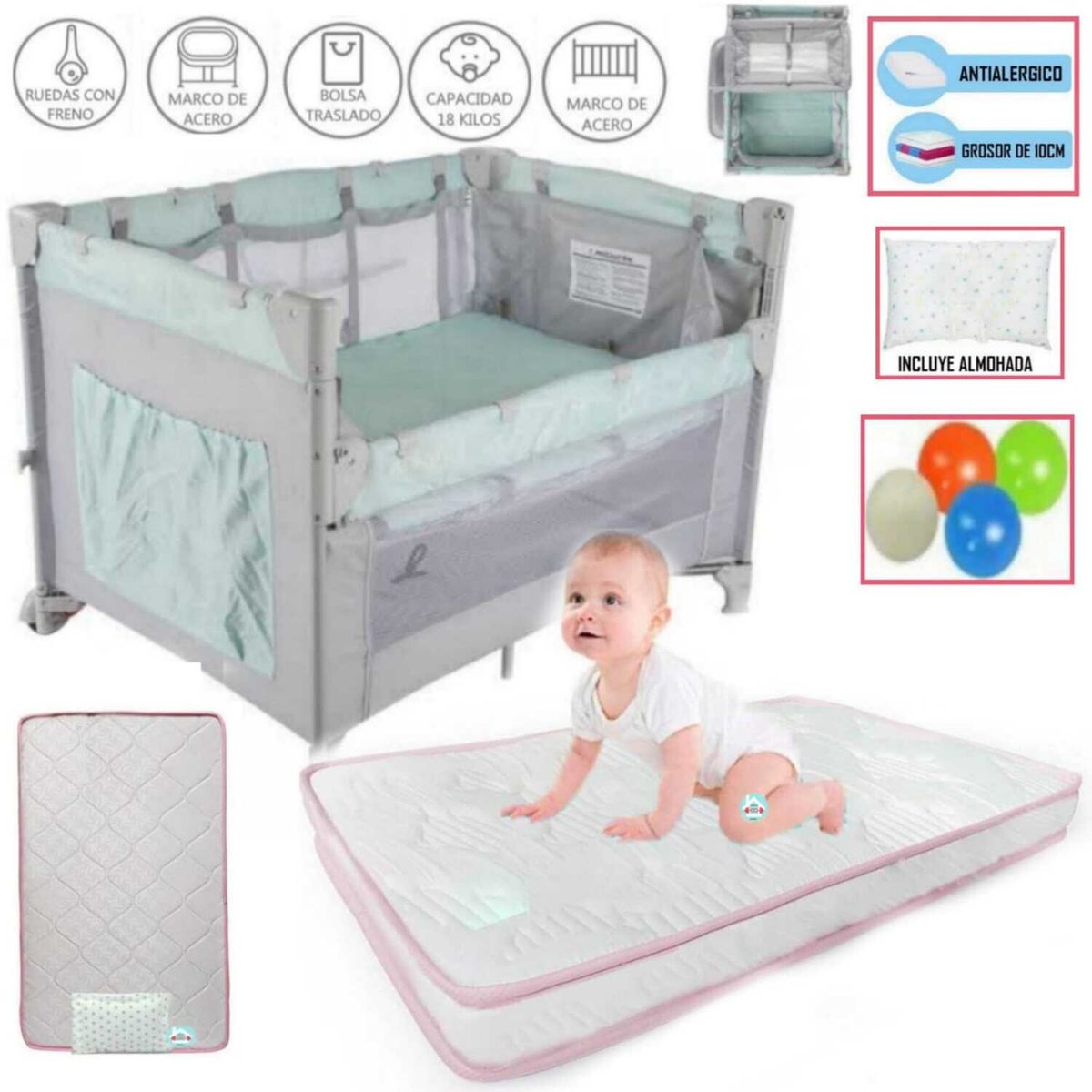 INFANTI - Corral Cuna Always Together + colchón para bebe ROSADO