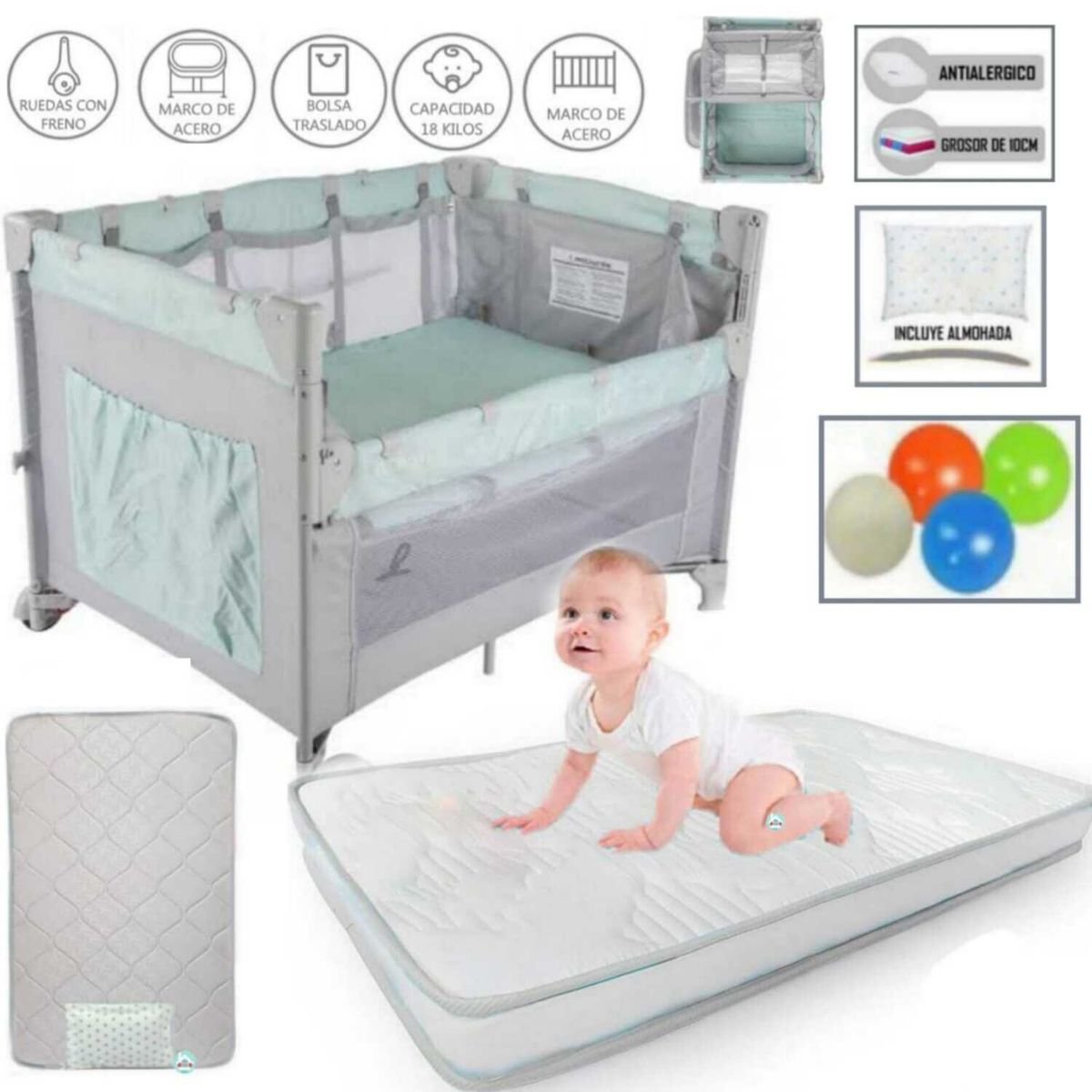 INFANTI - Corral Cuna Always Together + Colchón para bebe BLANCO