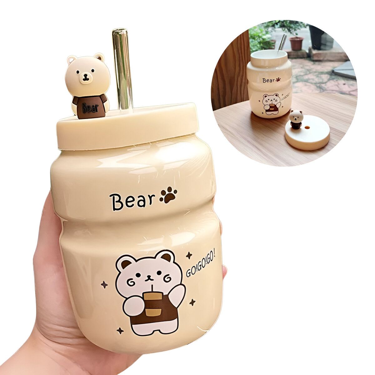 ELMEJORPRECIO - Vaso Tomatodo De Ceramica De 500ml Con tapa U sorbete Kawai Bear 1