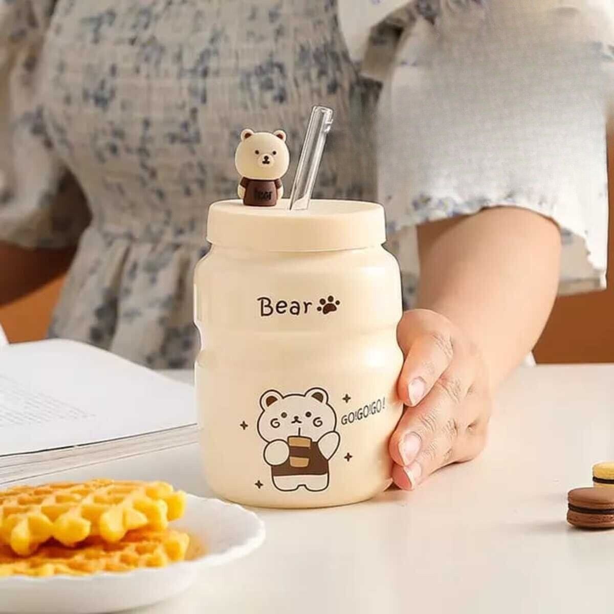 ELMEJORPRECIO - Vaso Tomatodo De Ceramica De 500ml Con tapa U sorbete Kawai Bear 1