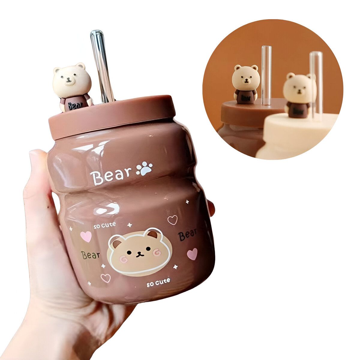 ELMEJORPRECIO - Vaso Tomatodo De Ceramica De 500ml Con tapa U sorbete Kawai Bear 3