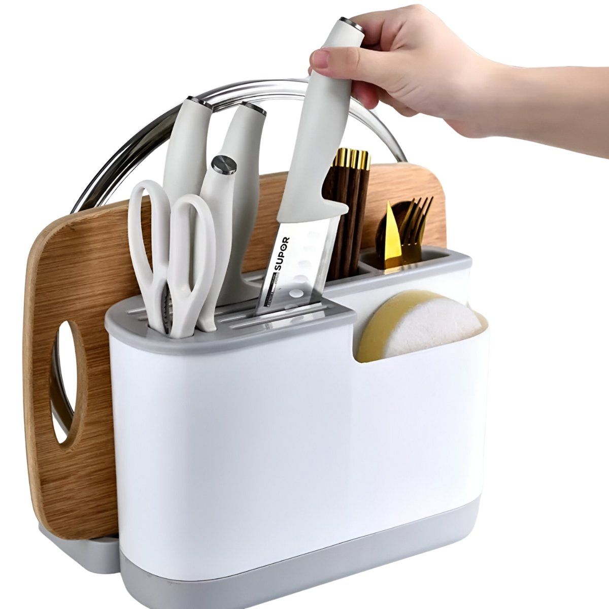 ELMEJORPRECIO - Organizador Porta Cubiertos Tapas Y Tabla Modelo Ovalado Gris