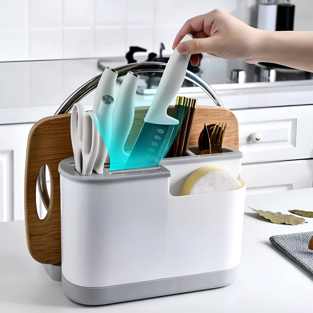 ELMEJORPRECIO - Organizador Porta Cubiertos Tapas Y Tabla Modelo Ovalado Gris