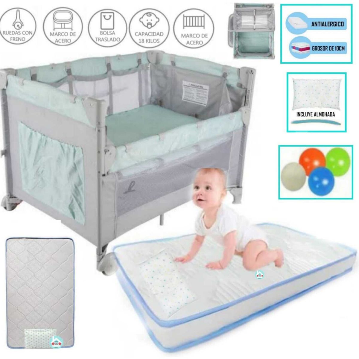 INFANTI - Corral Cuna Always Together + Colchón para bebe CELESTE