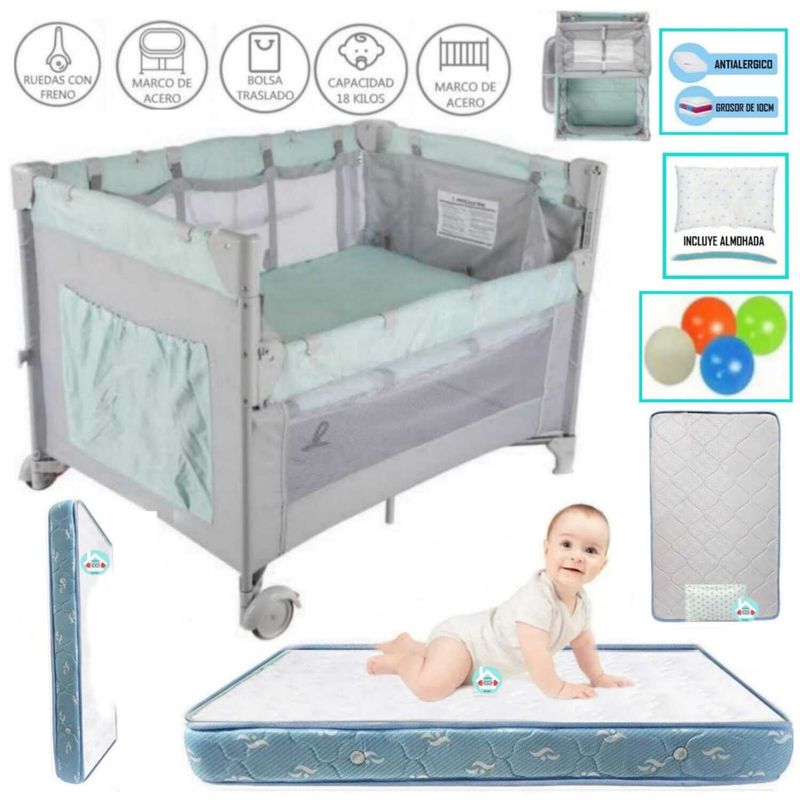 INFANTI - Corral Cuna Always Together + Colchón para bebe CELESTE