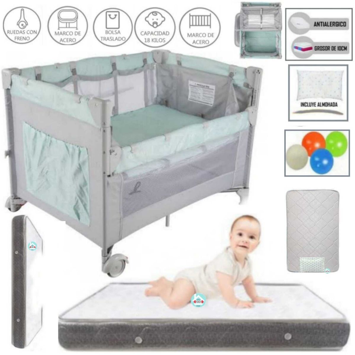 INFANTI - Corral Cuna Always Together + Colchón para bebe PLOMO