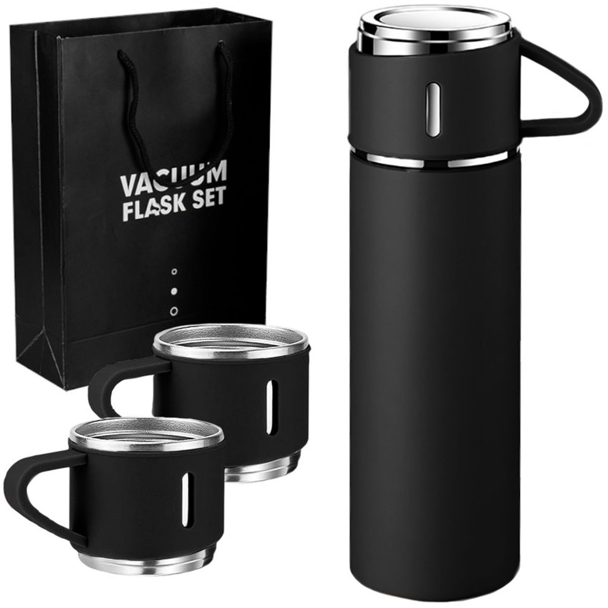 GENERICO - Set de 3 piezas termo 500ml con tazas de acero negro