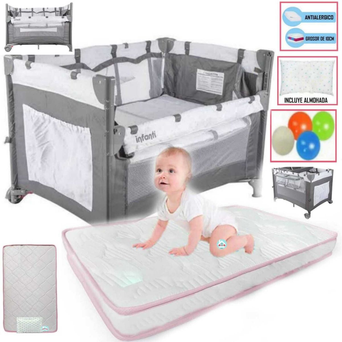 INFANTI - Corral Cuna Always Together PLOMO + Colchón para bebe ROSADO