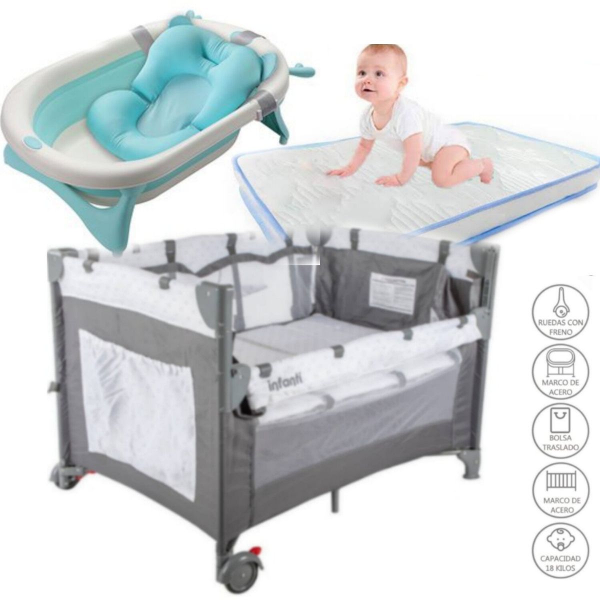 INFANTI - Cuna Always Together + colchón CELESTE y Tina plegable