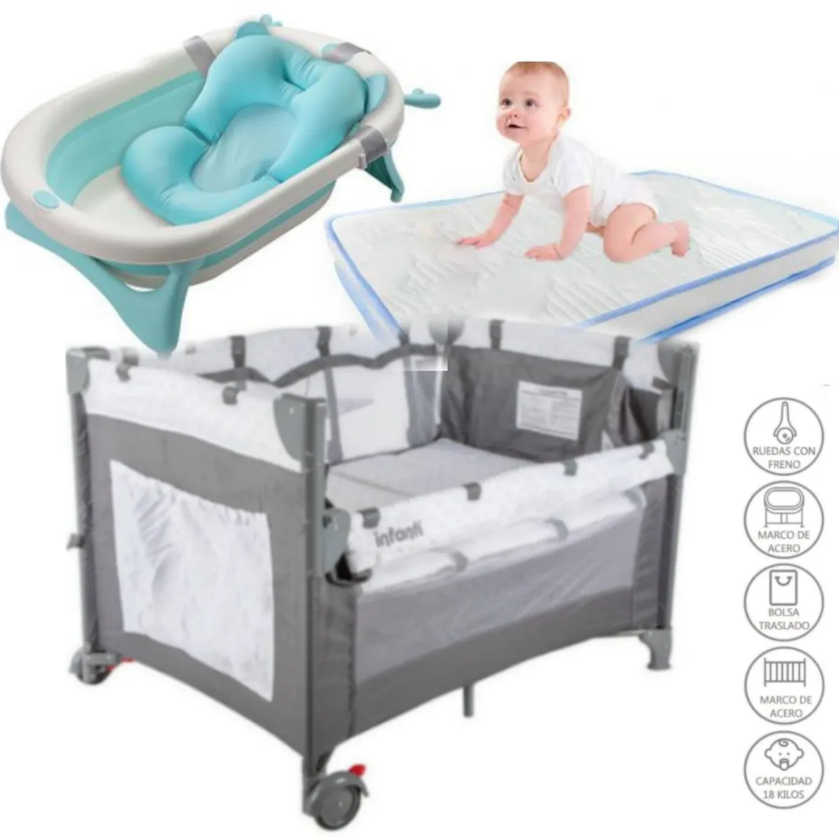 INFANTI - Cuna Always Together + colchón CELESTE y Tina plegable