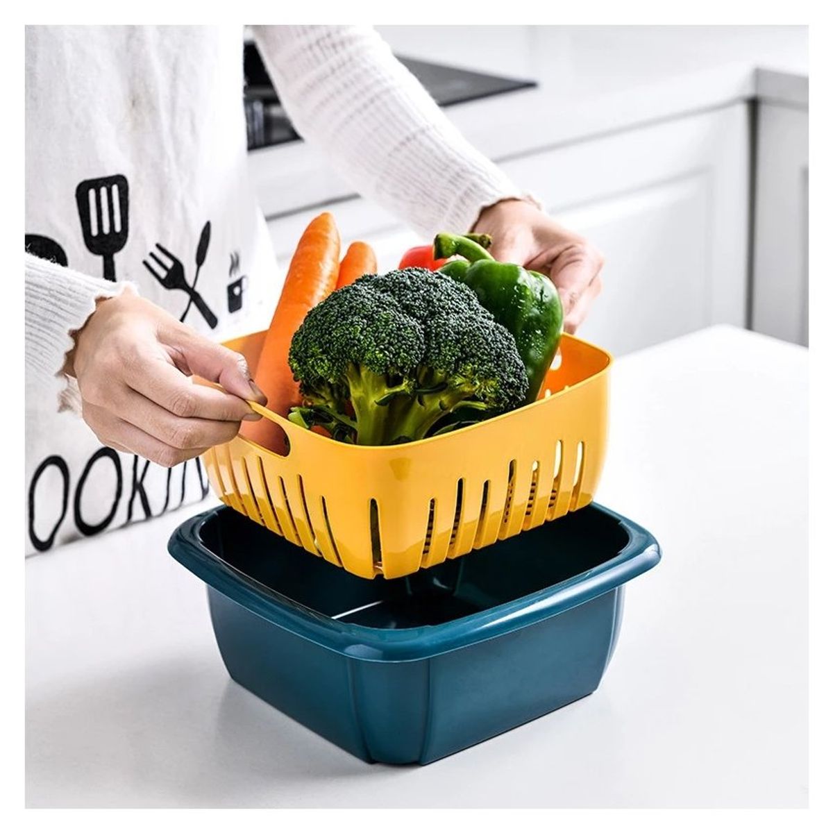 GENERICO - Taper escurridor para frutas y verduras 2 en 1