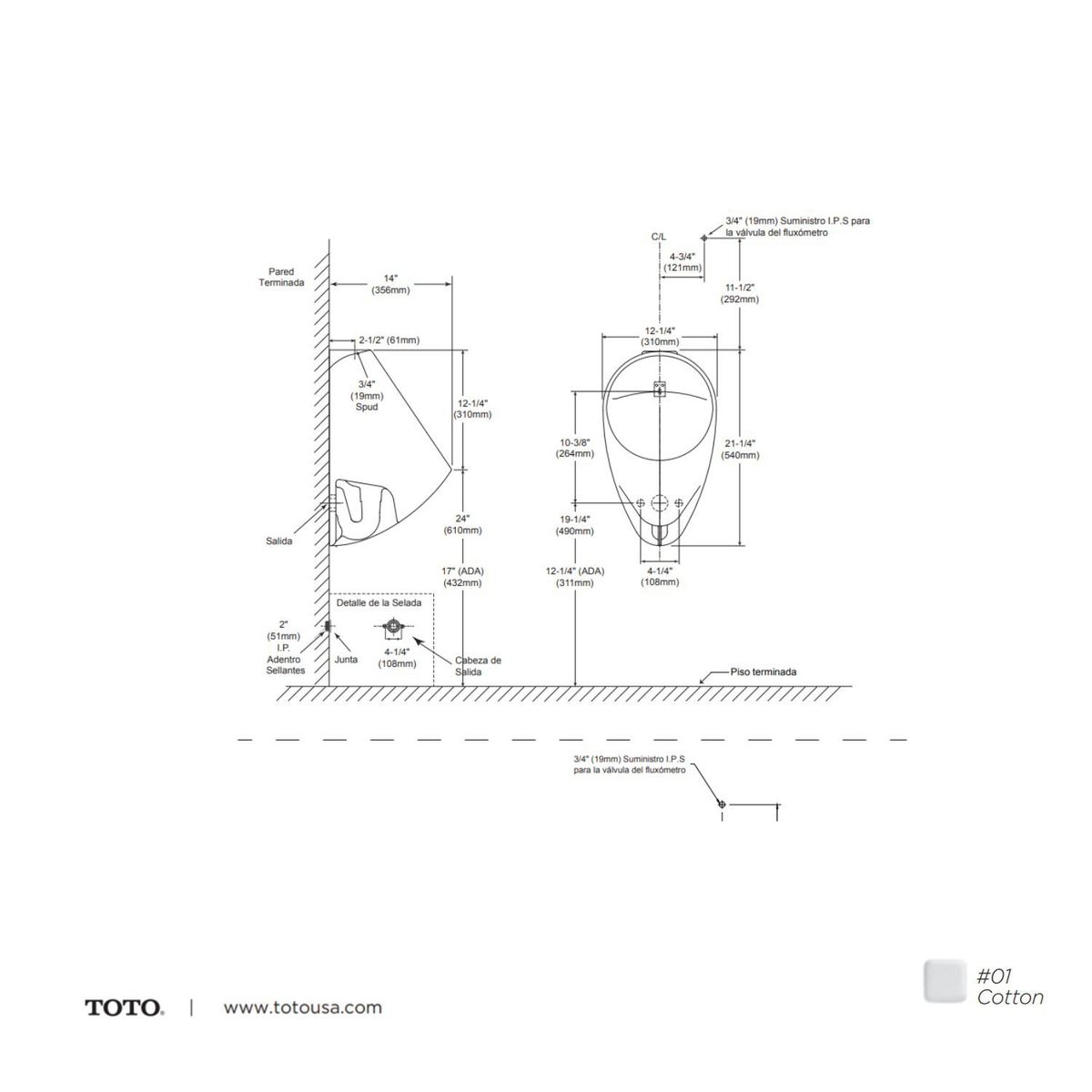 TOTO - Urinario ovalado entrada posterior marca TOTO