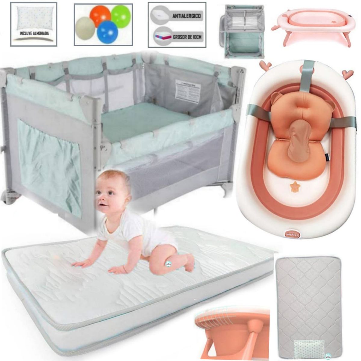 INFANTI - Corral Cuna Always Together + colchón BLANCO y Tina ROSADO